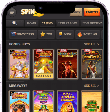 SpinBoss game lobby showing slots, live casino and table games